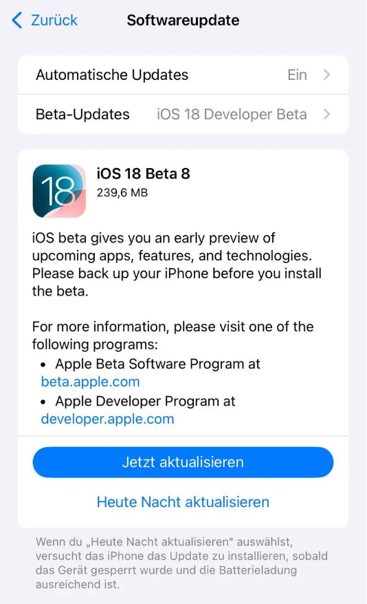 吴江苹果手机维修分享苹果 iOS / iPadOS 18 开发者预览版 Beta 8 发布 